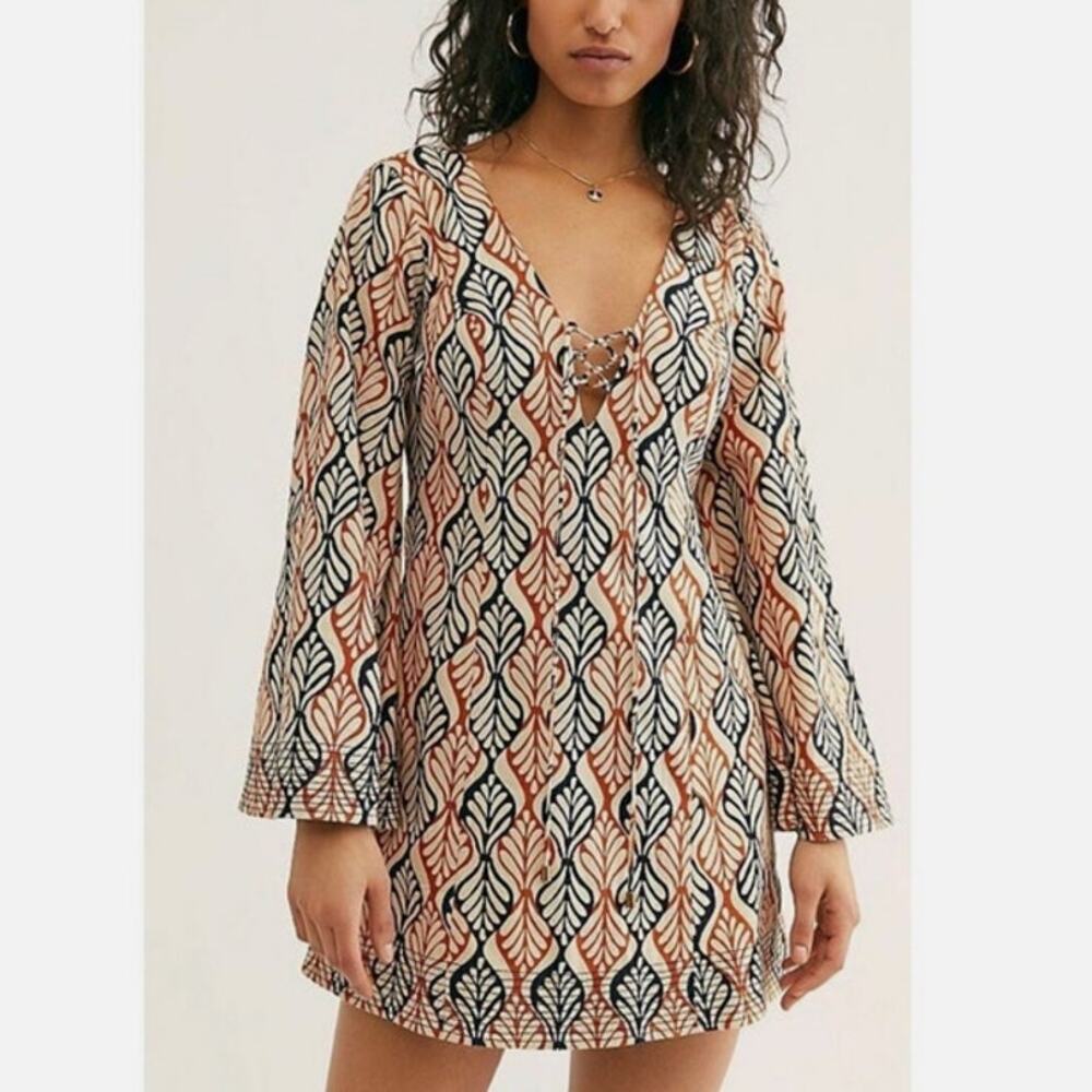 Free People Gia Shift Dress Size Medium Floral Geometric Pattern Lace-Up Fall
